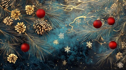 Seasonal pine tree red balls golden sparkle snowflakes background