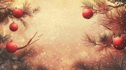 Seasonal pine tree red balls golden sparkle snowflakes background