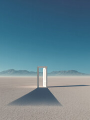 Classic white door standing alone in a surreal minimalist desert landscape casting a long shadow