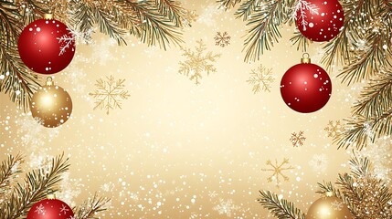 Seasonal pine tree red balls golden sparkle snowflakes background