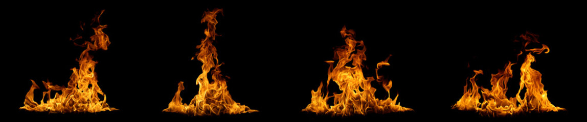 Realistic fire flames isolated on black background, burning effect with glowing orange heat. Perfect for overlays, design, visual effects, danger concepts, or dramatic backgrounds.