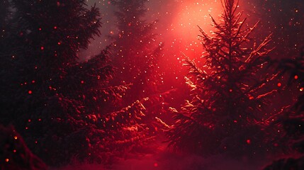 Pine decoration red backdrop snowfall glowing light accents