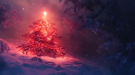 Christmas red themed pine glowing decor snow covered festive tree