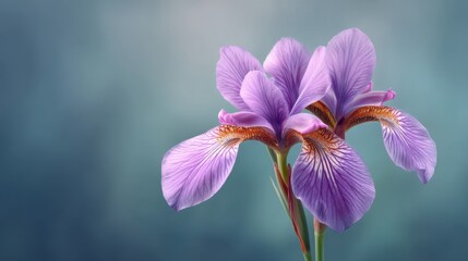 Delicate Purple Iris Flower with Vibrant Petals Against a Soft Blue Background, Perfect for Nature and Floral Themes in Photography