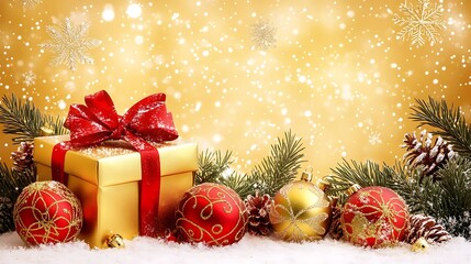 Yellow Christmas background with festive gift box and holiday ornaments