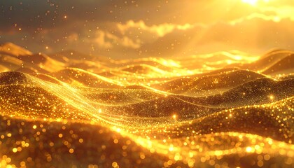 Glimmering gold waves undulate under a radiant, sunny sky, creating a warm, textured, and ethereal landscape