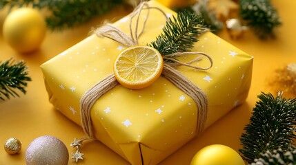 Yellow background with wrapped gift and seasonal decorations