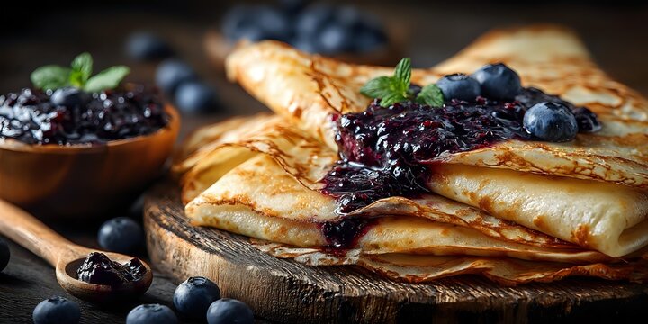 Golden crepes topped with blueberry jam and fresh berries on rustic wooden board. Homemade breakfast pancakes with fruit preserve for morning meal concepts.