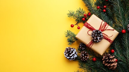 Holiday decorations with present box on vibrant yellow background