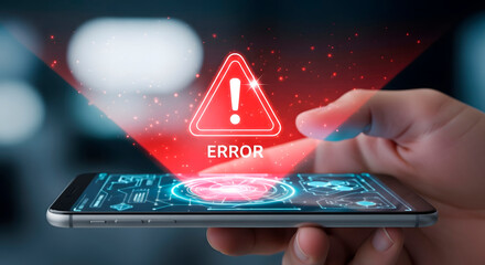 Hand holding smartphone showing red error warning sign. Digital alert message for system failure, cyber security breach, data problem or mobile app crash concept.