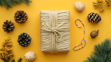 Yellow background with wrapped gift and seasonal decorations