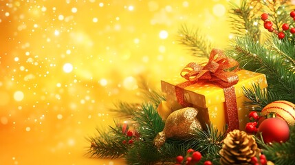 Holiday decorations with present box on vibrant yellow background