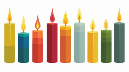 Nine colorful lit candles arranged in a row isolated on white background