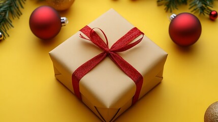 Gift box and ornaments placed on bright yellow festive background