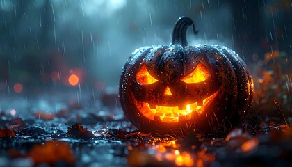 Glowing jack-o'-lantern in the rain with eerie forest bokeh, creating a spooky, Halloween atmosphere