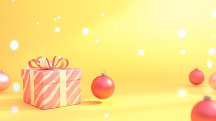 Gift box and ornaments placed on bright yellow festive background