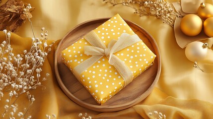 Yellow Christmas layout with gift package and festive decor