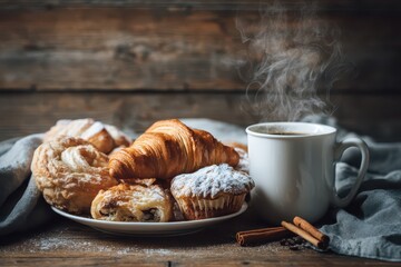 Cozy breakfast scene: hot coffee and buttery croissants on natural wood