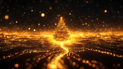Enchanted festive golden tree in glowing abstract night field