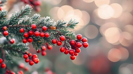Pine tree decorated with red ornaments soft bokeh lights red snowy background