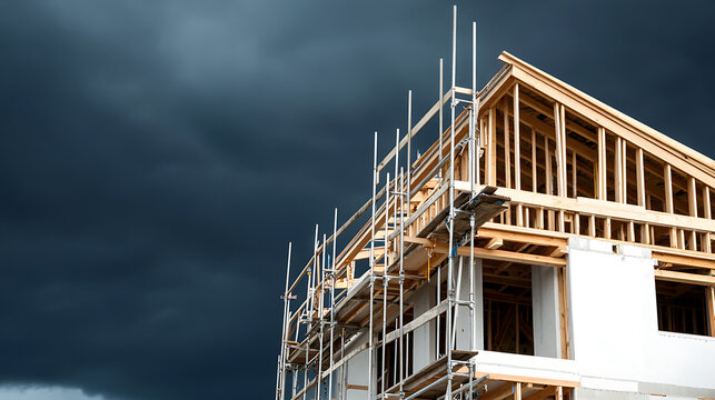 A new house is being framed under a dark, ominous sky. Scaffolding lines the side of the structure, awaiting the workers. The contrast of the dark sky and the bare frame.