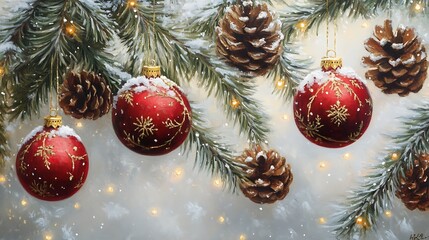 Red baubles hanging on pine branches glowing golden lights snow falling background