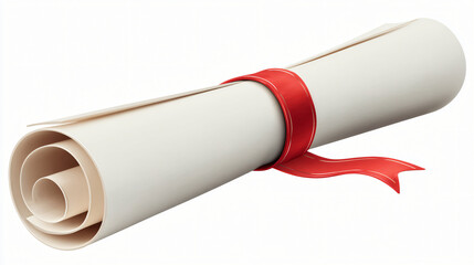 Rolled up diploma or certificate tied with a red ribbon isolated on white background