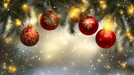 Red baubles hanging on pine branches glowing golden lights snow falling background