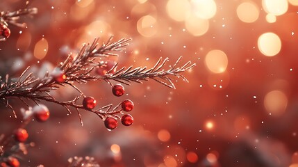 Golden light bokeh on pine branches with red baubles snowy red backdrop