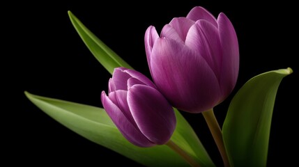 Fototapeta premium Delicate Purple Tulips Blooming Elegantly Amidst Green Leaves Against a Black Background, Showcasing Nature's Beauty and Floral Grace