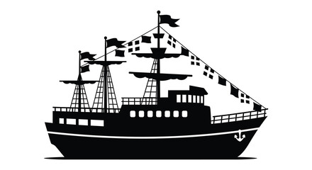a detailed black ship with multiple masts and flags presented as a striking silhouette