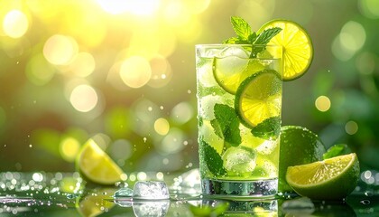 Refreshing lemon mint drink with ice and citrus slices in bright summer light