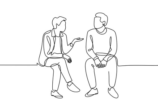 Two people sitting and talking, rendered in a minimalist continuous line art style, symbolizing communication and connection