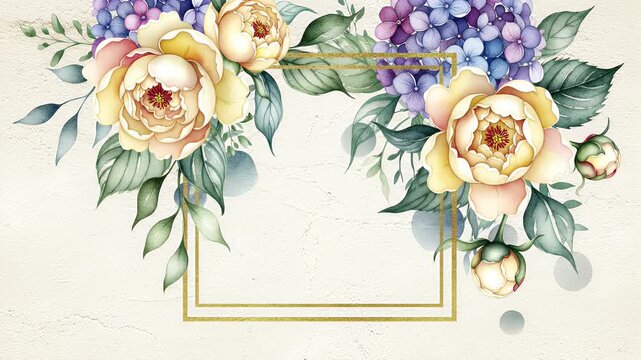 Elegant Vintage Floral Corner with Pale Roses and a Double Gold Frame on Cream Textured Background, Perfect for Greeting Cards