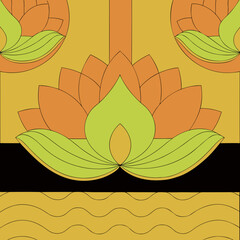 Vibrant illustration of lotus flowers in shades of orange and green on a yellow background with wavy lines © Ashik
