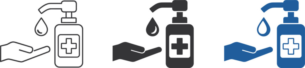Obraz premium Hand Sanitizer Bottle and Droplet Icons Three Variations dispenser pump