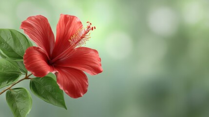 Fototapeta premium Bright Red Hibiscus Flower With Green Leaves Against A Soft Focus Background Ideal For Nature, Garden, And Floral Theme Designs