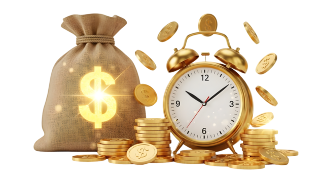 Time is money concept with coins and bag isolated on transparent background - Powered by Adobe