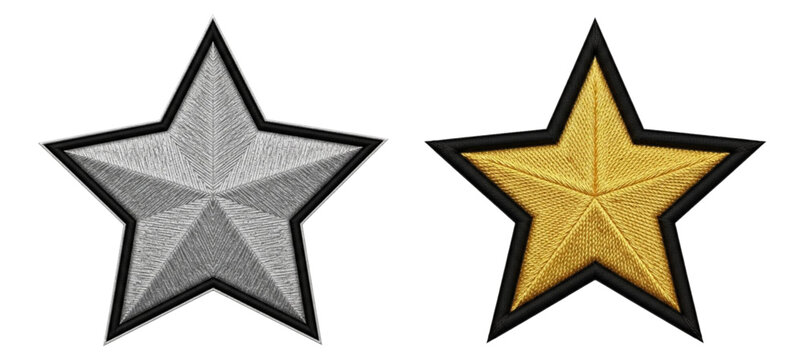 Golden and silver embroidered five-pointed stars isolated