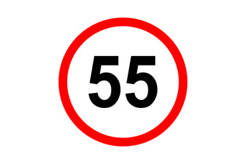 Road and street sign maximum speed 55 on red bordered white circle. Vehicles or traffic speed limit highway, expressway notice symbol 55 km per hour. Vector illustration.