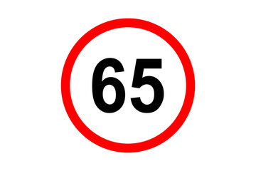 Road and street sign maximum speed 65 on red bordered white circle. Vehicles or traffic speed limit highway, expressway notice symbol 65 km per hour. Vector illustration.