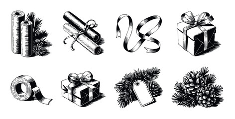 Collection of festive holiday and gifting items including pine cones, pine branches with tag, gift boxes, ribbon, rolls, and tape for seasonal promotion and packaging.