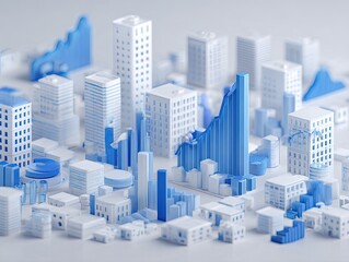 Miniature city skyline with blue chart graphics; bright, clean architectural model