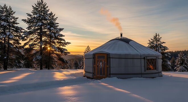Cozy yurt with smoke rising from chimney in snowy winter landscape at sunset