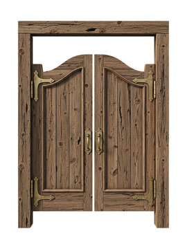 Rustic wooden saloon swinging doors with antique brass hardware isolated