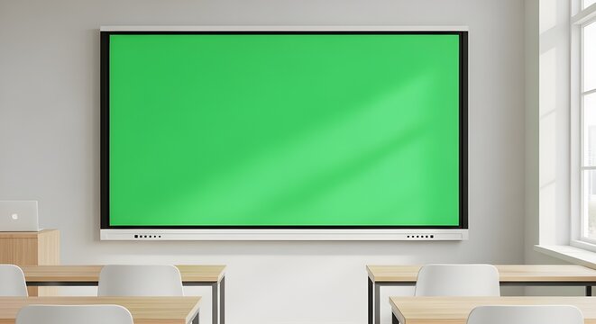 Blank green screen in a bright modern empty classroom setting.