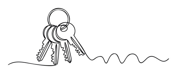 Continuous line drawing of a bunch of keys on a keyring with a wavy line extending to the right, symbolizing access and security for your projects.