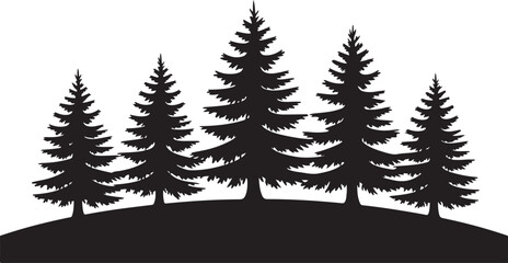 Obraz premium Silhouette conifers stand together on a low hill against a stark white backdrop