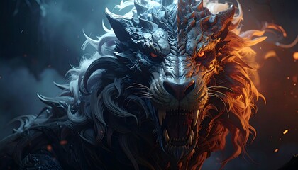 Fierce creature with flaming eye, icy mane, and open jaws in a dramatic digital artwork