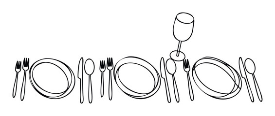 Overhead view of elegantly arranged dining place setting with plates, forks, knives, spoons, and a wine glass for a formal meal or celebration occasion